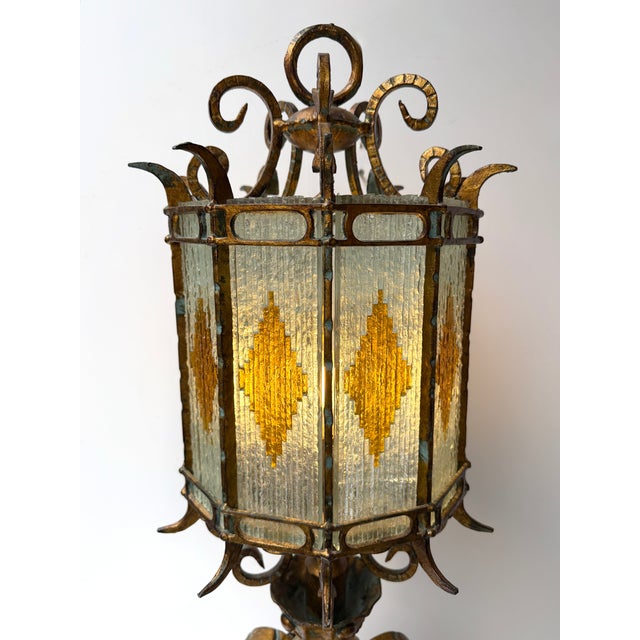 1970s Large Hammered Glass Wrought Iron Lantern Lamp by Longobard, Italy, 1970s For Sale - Image 5 of 13