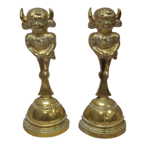 Pair 19th Century Regency Polished Solid Brass and Iron Bull Head Andirons