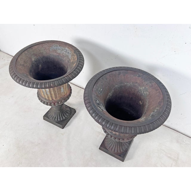 Antique 19th Century Cast Iron Neoclassical Garden Urns - A Pair For Sale - Image 9 of 9