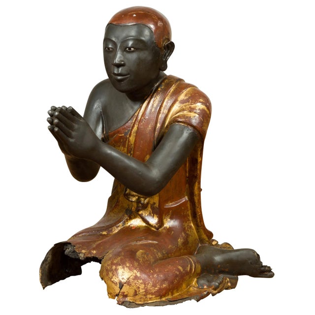 Mid 19th Century Thai Kneeling Ceremonial Temple Monk Lacquered and Gilt Sculpture For Sale - Image 13 of 13