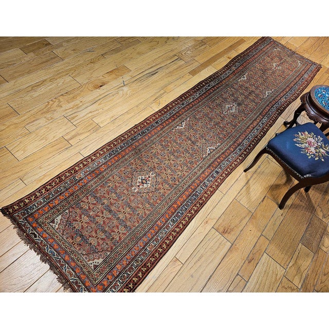 19th Century Antique Persian Serab Camel Hair Runner Rug, Hand-Knotted Wool, Geometric Pattern, Red & Green, 3x13 For Sale - Image 5 of 17