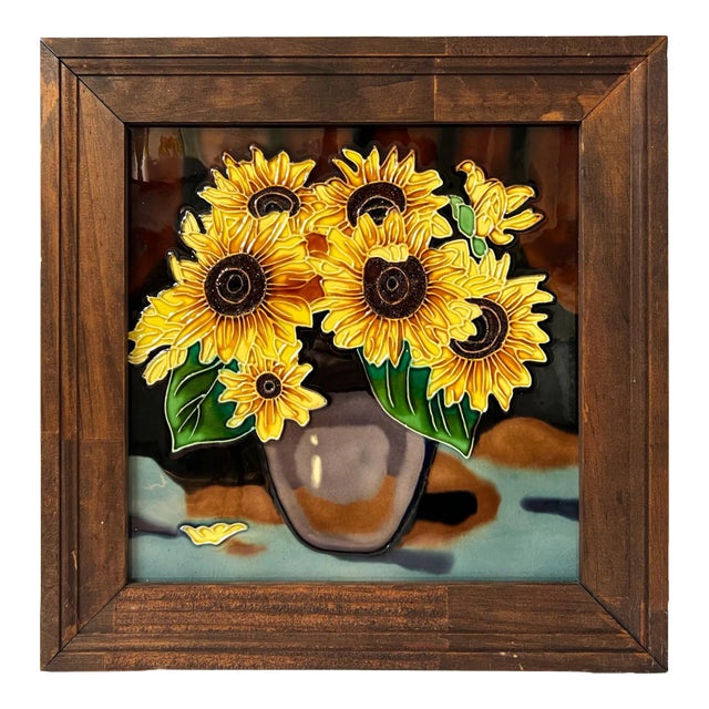 Large Vintage Ceramic Sunflowers in Vase – Framed Wall Hanging Kitchen Art For Sale