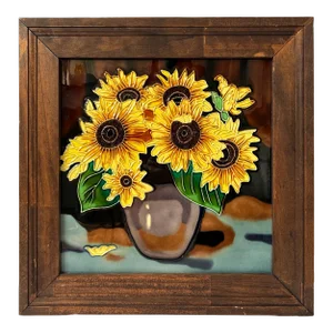 Large Vintage Ceramic Sunflowers in Vase – Framed Wall Hanging Kitchen Art