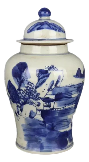 Early 20th Century Chinese Ceramic Pot China Blue and White Porcelain Ginger Jar Hand Painted Landscape Pattern