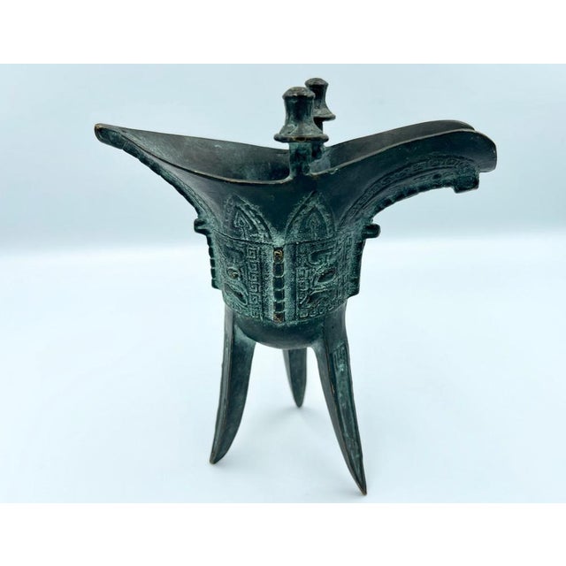 Antique Chinese Wine Cup Statue in Bronze For Sale - Image 9 of 11