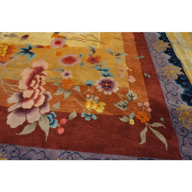 1920s Ivory Scenic Floral Antique Chinese Art Deco Rug 8'10" X 11'6" Handknotted Wool Carpet For Sale - Image 14 of 18