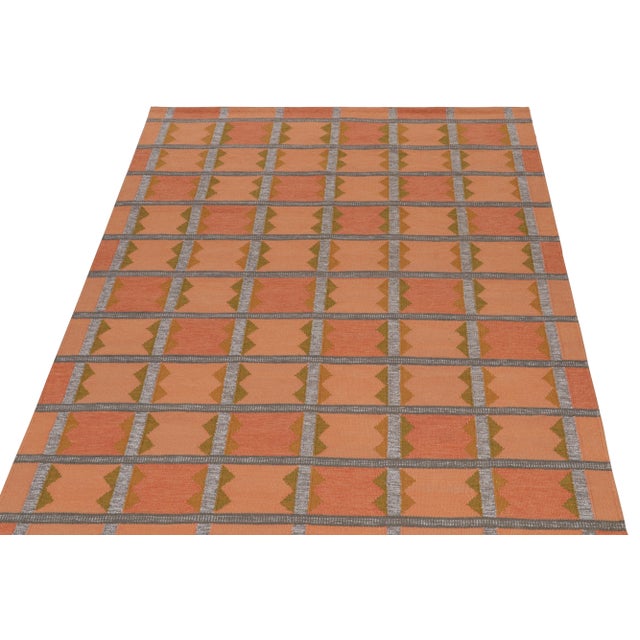 Mid-Century Modern Rug & Kilim’s Scandinavian Style Kilim in Orange, Gray & Brown Geometric Pattern - 13x19 For Sale - Image 3 of 7