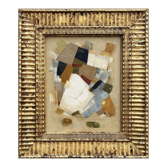 Contemporary Neutral Abstract Oil Painting in Vintage Gold Frame For Sale
