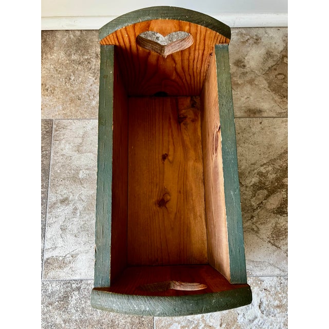 Vintage Country Rustic Sage Green Pine Magazine Crate With Heart Cutouts For Sale - Image 10 of 12