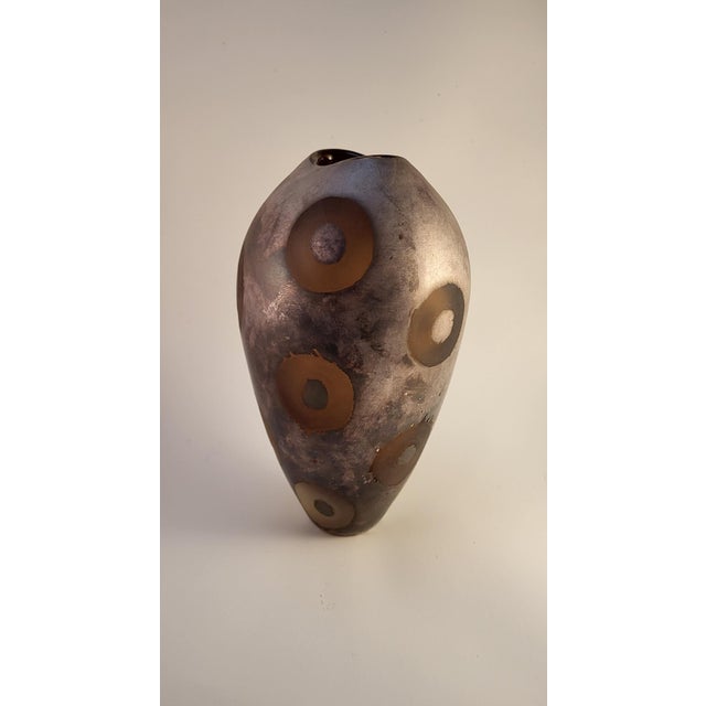 Mid-Century Modern MCM Adam Aaronson Amber Studio Art Glass Vase With Patinated Surface and Circles For Sale - Image 3 of 6