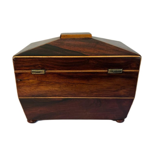 Wood Antique English Regency Rosewood Tea Sarcophagus Caddy W/Satinwood Edging c.1820s For Sale - Image 7 of 9
