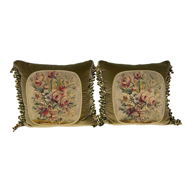 Pair of Custom Aubusson Tapestry and Velvet Pillows by Melissa Levinson For Sale