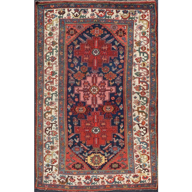 Antique Persian Kurdish Rug With Medallion Design in Blue, Red, and Ivory For Sale - Image 13 of 13