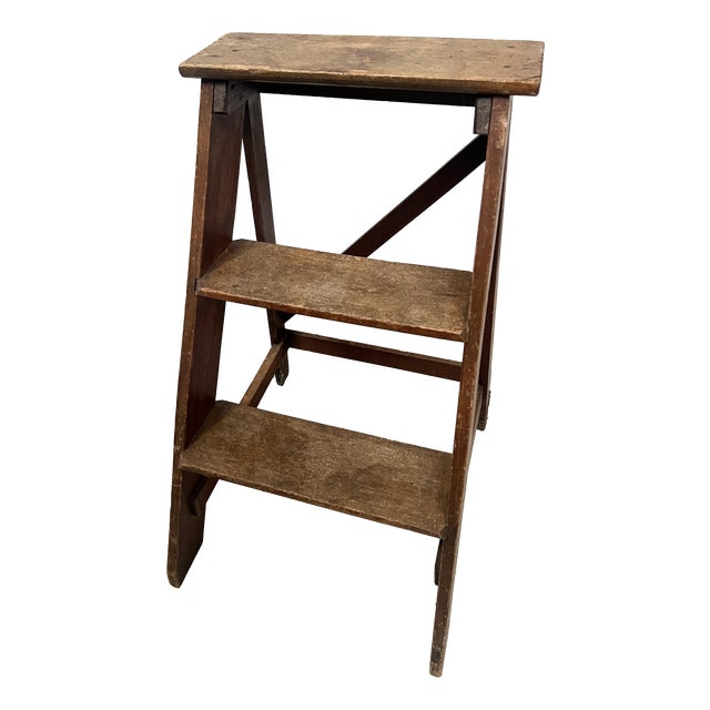 Three-Step Library Staircase in Patinated Beech, 1900s For Sale