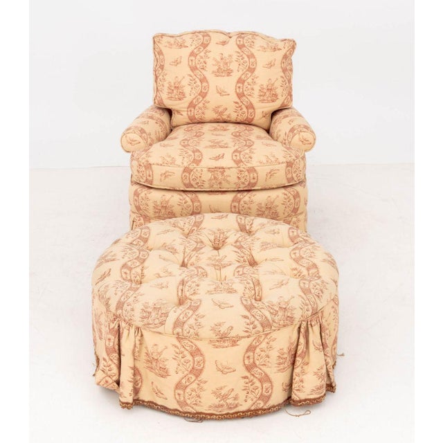 Toile de Jouy Upholstered Club Chair and Ottoman. Chair: 32" H x 27" W x 30" D; seat: 17.75" H; ottoman: 13.5" H x 30"...