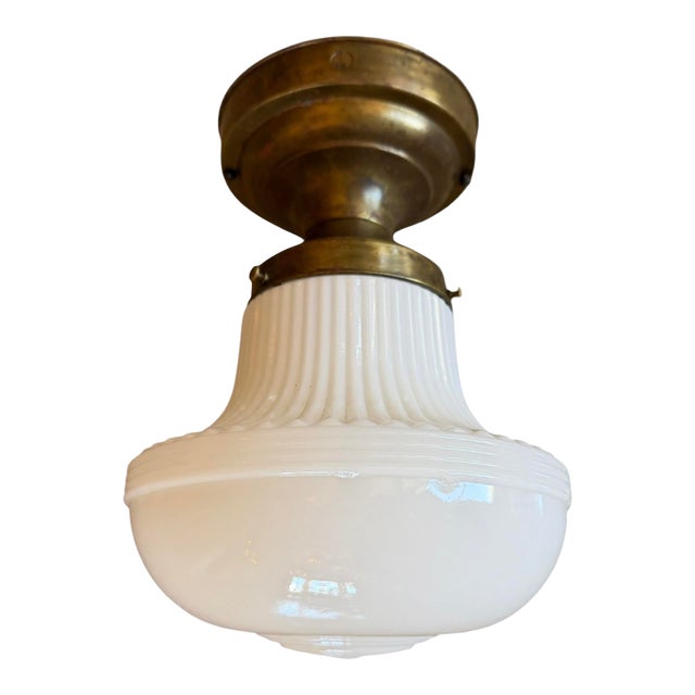 1920s Ribbed Schoolhouse Milk Glass Flushmount Ceiling Light For Sale