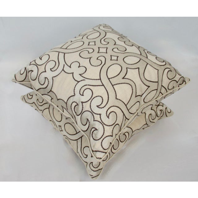 2010s Schumaker Embroidered Linen & Viscose Pillows With Feather & Down Fill Inserts - A Pair For Sale - Image 5 of 13