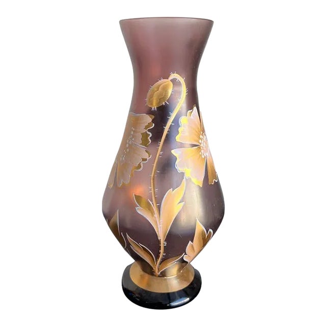 1950s Czech Art Glass Hand Painted Gold Enamel Vase For Sale