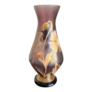 1950s Czech Art Glass Hand Painted Gold Enamel Vase