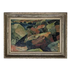 Mid 20th Century Modern Rocky Coast Oil Painting, Framed