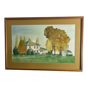 1990s Signed Watercolor by Carole Robey-Country Home With Autumn Trees (Framed 34")