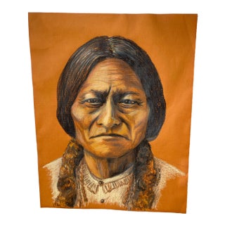 Vintage Early American Gerald Skiver Sitting Bull Sioux Chief Original Painting 1977 14x11 For Sale