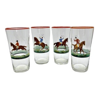 Vintage Set of 4 Hand Painted Equestrian High Ball Glasses For Sale