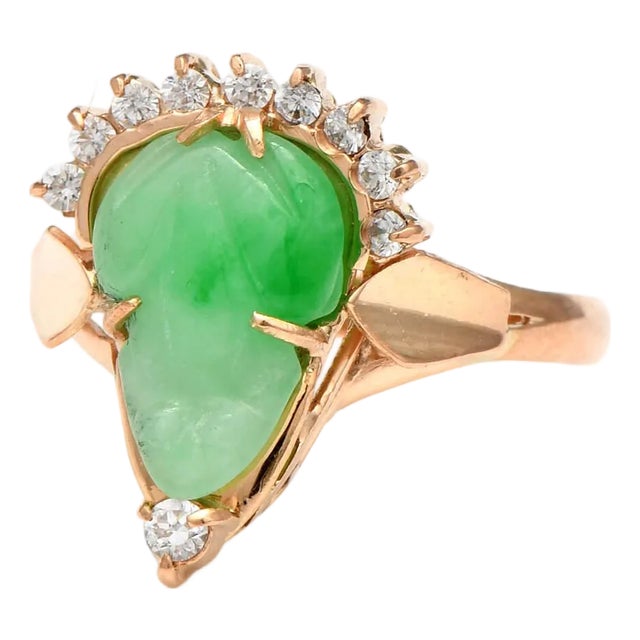 14KR Vintage Carved Jadeite & Cubic Zirconia Ring, size 6.5 For Sale