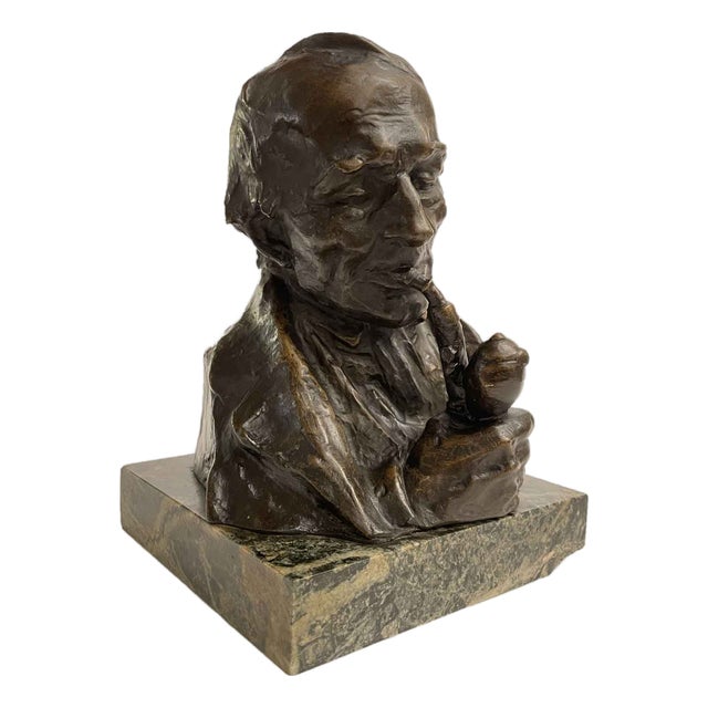 Hans Muller, Bust of a Man with a Pipe, Late 19th Century, Bronze on Marble Base For Sale
