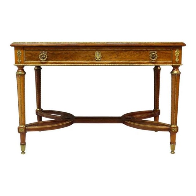 Louis XVI Style Walnut & Ormolu Marquetry & Inlaid 1-Drawer Library Table C1890 For Sale - Image 6 of 18