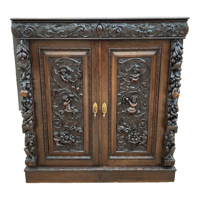 Antique English Cabinet Chest Wardrobe Gothic Revival Oak Monkeys Rare C.1880s For Sale