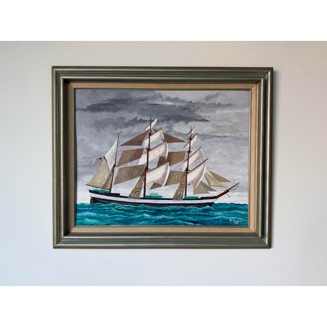 Mid-Century Modern 1970's R. Seaman American Tall Ship Ocean Landscape Oil on Board Painting, Framed For Sale - Image 3 of 12