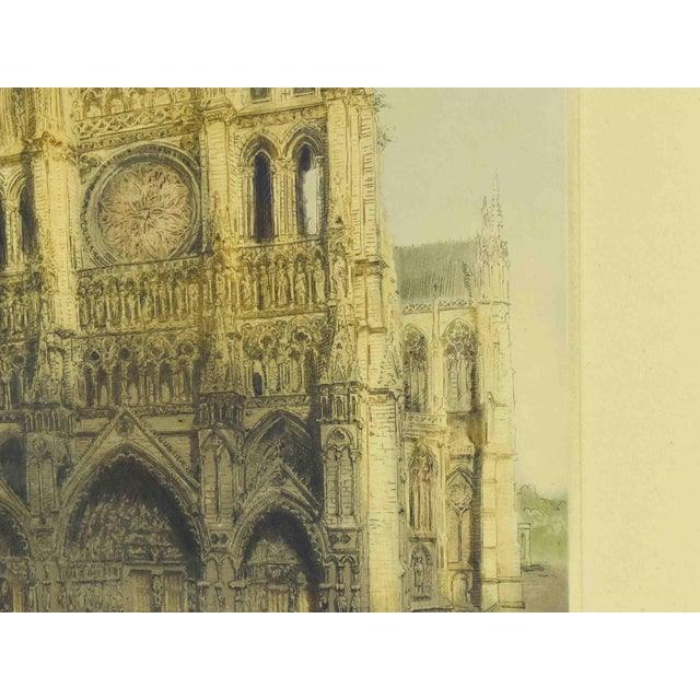 Victorian Late 19th Century Historical Architectural Notre-Dame D’Amiens Hand-Colored Etching by Becourt - Signed For Sale - Image 3 of 10