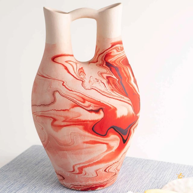 Vintage Orange Swirl Nemadji Wedding Vase Pottery For Sale - Image 11 of 12