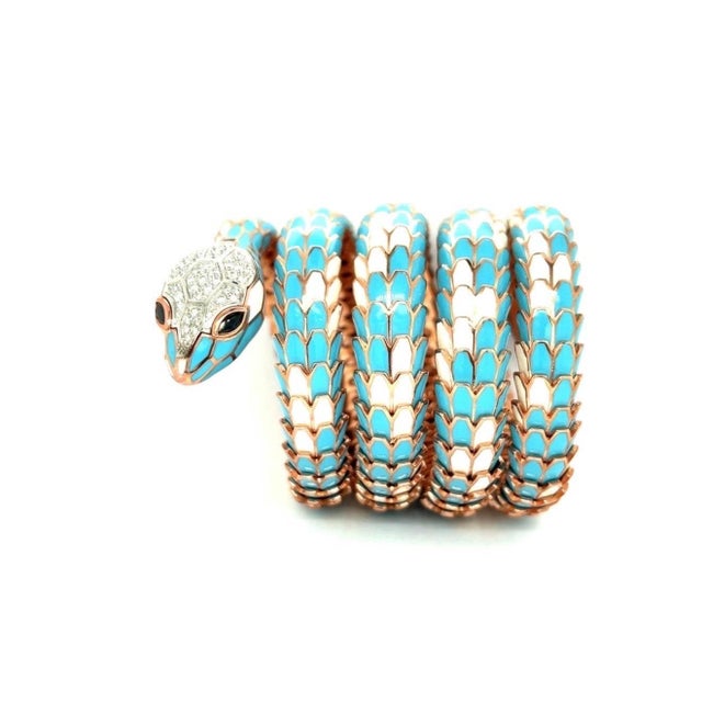 Contemporary SNAKE COLLECTION , Turquoise & White SNAKE BRACELET , Diamonds, 18K & Sterling For Sale - Image 3 of 18