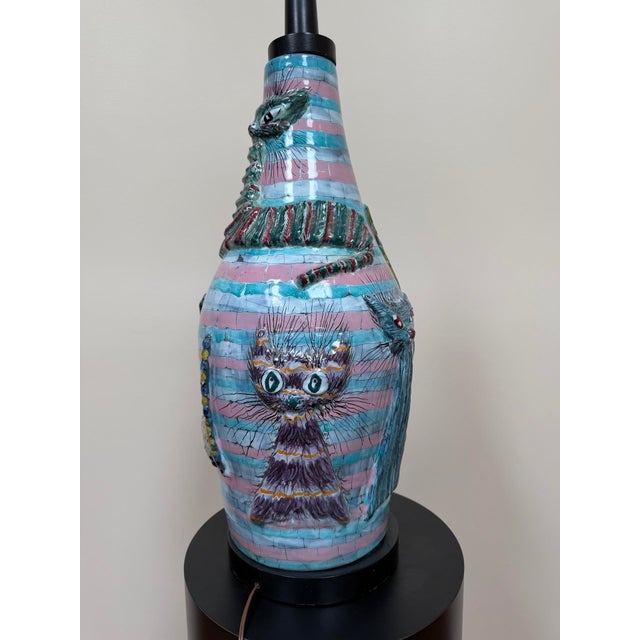 Oversized Mid-Century Modern Italian ceramic figural cat vase, later converted to a table lamp, styled after San Polo,...
