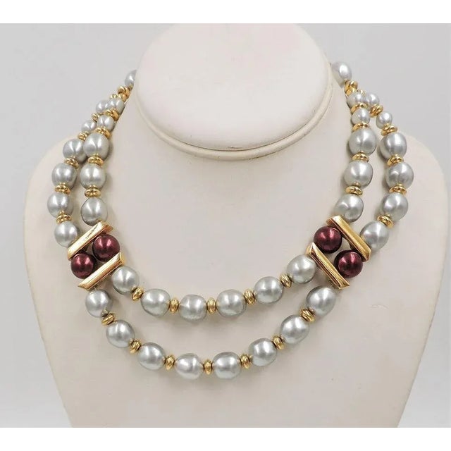 Metal Vintage 1980s Signed Napier Grey Faux-Baroque Pearls & Red Beads Festoon Necklace For Sale - Image 7 of 9