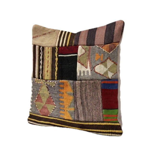 Mid-Century Modern Brown Patchwork Kilim Pillow Cover 19'' X 20'' For Sale - Image 3 of 4