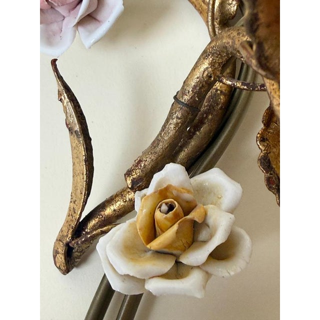 Vintage Italian Mirrored Gilt Metal and Porcelain Rose Sconces, 1940s, Set of 2 For Sale - Image 12 of 18