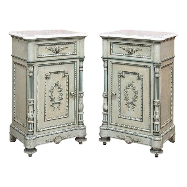 Pair 19th Century French Louis XVI Painted Nightstands With Carrara Marble For Sale