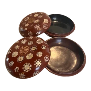 Pair of Large Round Chinese Red Lacquer Wood Boxes With Inlaid Mother-Or-Pearl