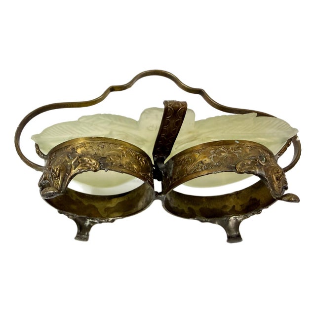 Early 20th Century Chinese Export Carved Celadon Jade & Brass Butterfly Peach Dish For Sale - Image 4 of 4