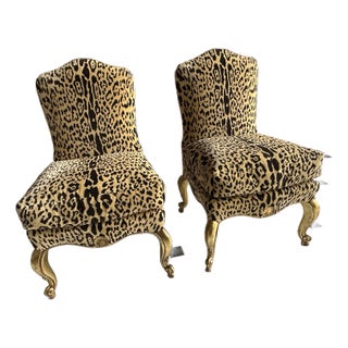 Pair of Leopard Print Velvet Upholstered Slipper Chairs For Sale