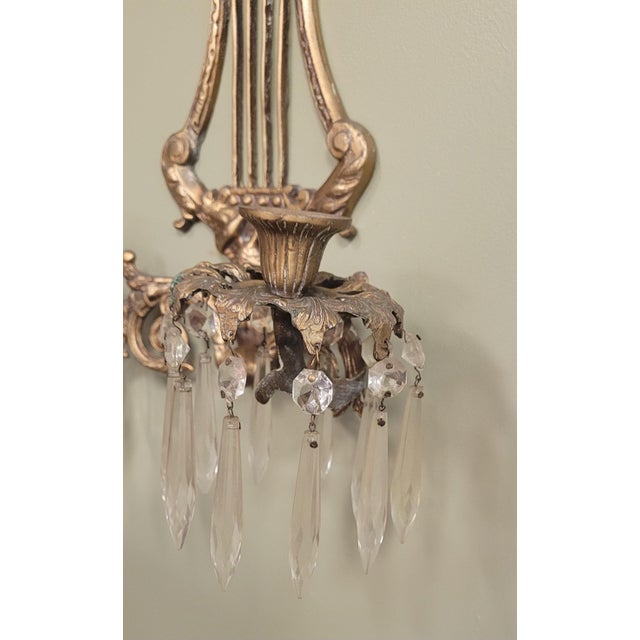 A Pair 1930s Brass & Crystal Swan Candle Wall Sconces For Sale - Image 4 of 10