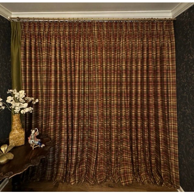 English Custom Silk Plaid French-Pleated Drapery Panel With Olive Leading Edge, 66” X 103” For Sale - Image 3 of 7