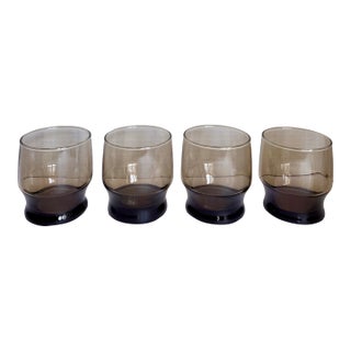 Set of 4 Mid-Century Modern Smoky Brown Architectural Lowball Rocks Glasses For Sale