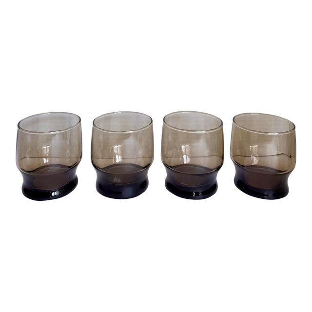 Set of 4 Mid-Century Modern Smoky Brown Architectural Lowball Rocks Glasses For Sale