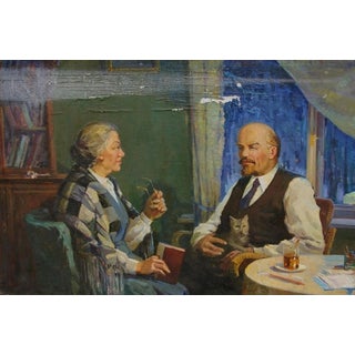 Lenin and Krupskaya Original Oil Painting, 1970s Soviet Art 99-151 For Sale
