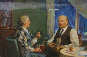 Lenin and Krupskaya Original Oil Painting, 1970s Soviet Art 99-151