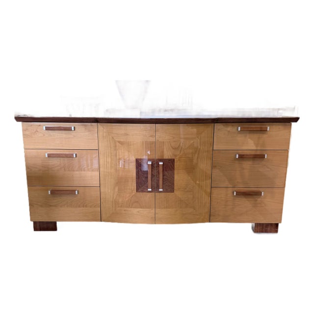 Italian Mid Century Modern Art Deco Credenza in Figured Wood Veneers For Sale